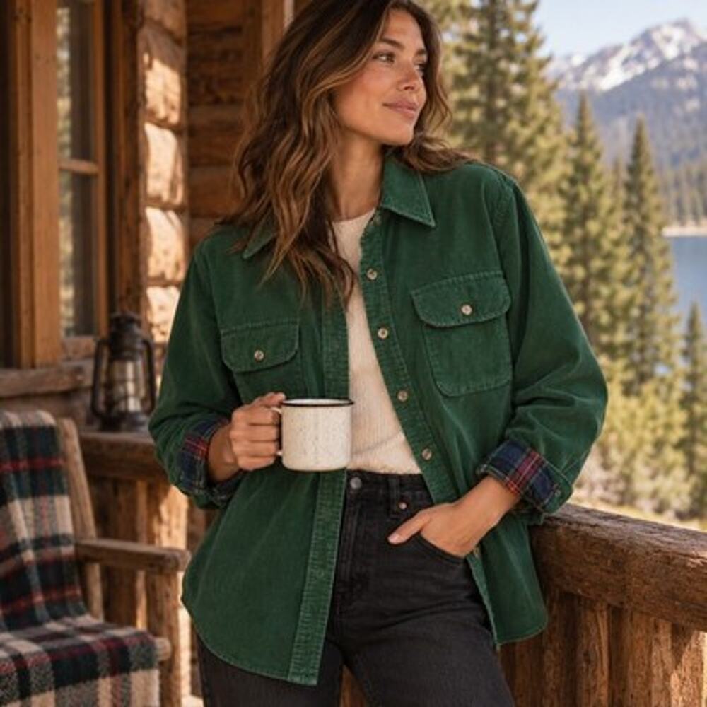 Vintage Jones New York Sz 14 Green Corduroy Shirt Gorpcore Cabin Shacket Top